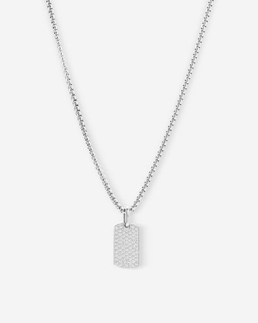 Aurora Pavé zilverkleurig ketting met rechthoekige hanger en fonkelende zirkonia, handgemaakte luxe heren sieraden.